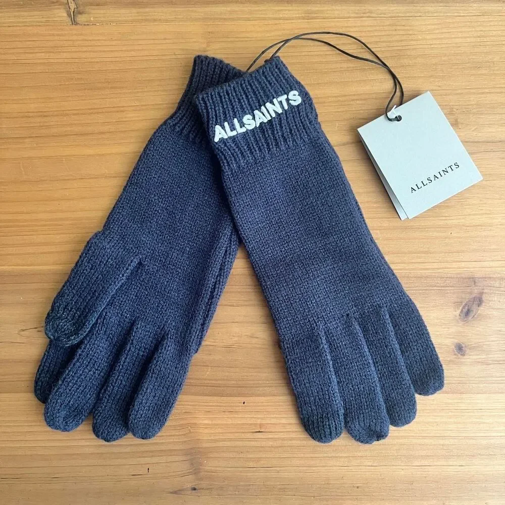 AllSaints Gloves Women's New NWT Blue Wool Blend Classic Winter Neutral Cozy